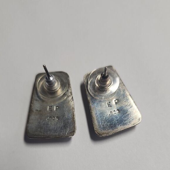 Geometric Stone Inlay Earrings Sterling Silver 925 Signed EP 925 - Picture 2 of 4